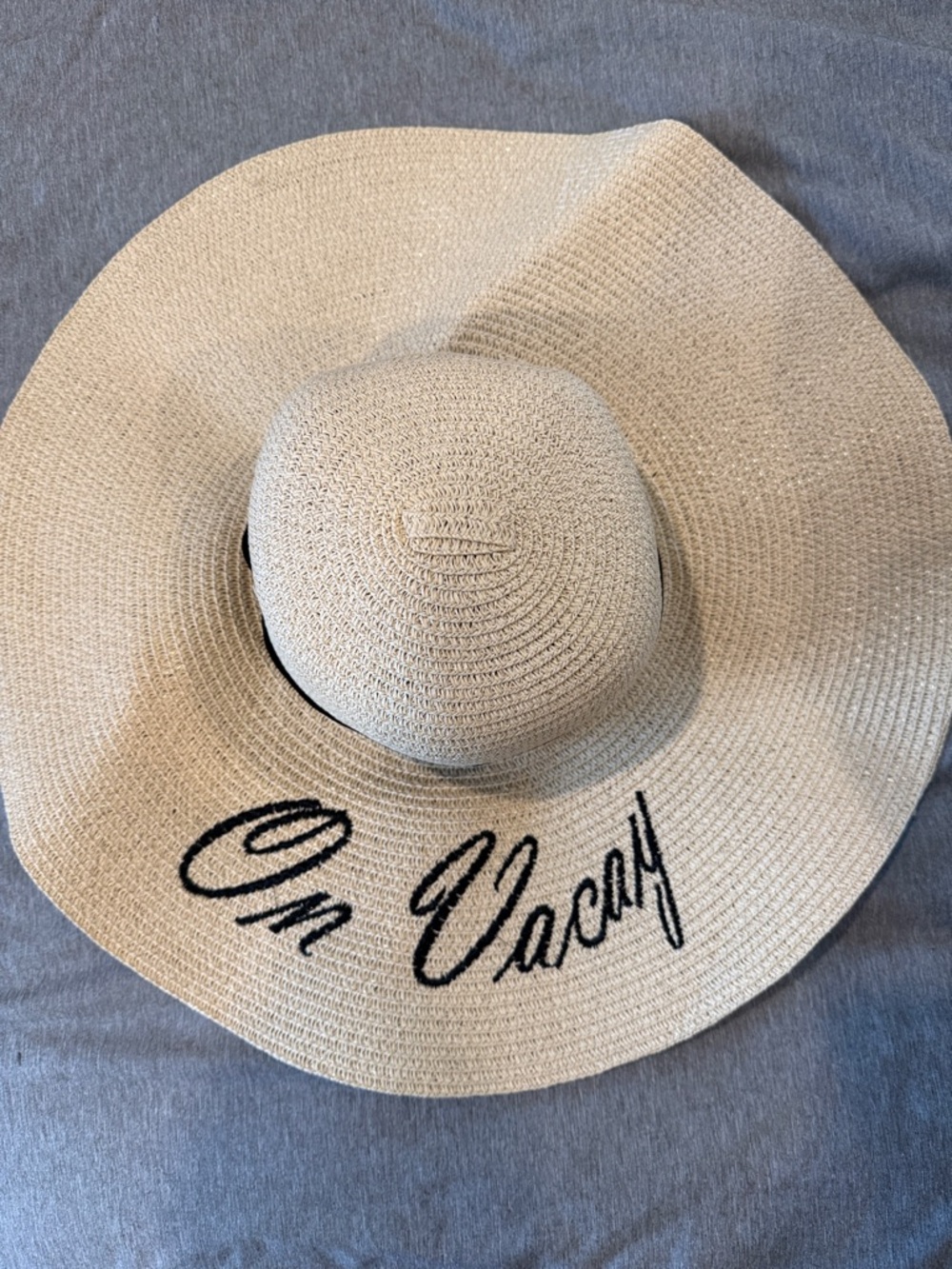 SHEIN Beige Wide Brim Straw Hat with Black "On Vacay" Script